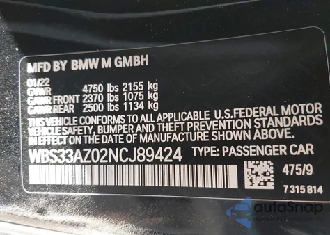 2022 BMW M4 Competition z USA, uszkodzony, nr VIN WBS33AZ02NCJ89424